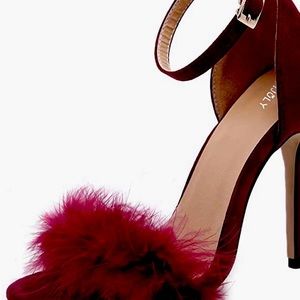 Holiday Glam: Women's Open Toe Ankle Strap Fluffy Feather Stiletto -Burgundy